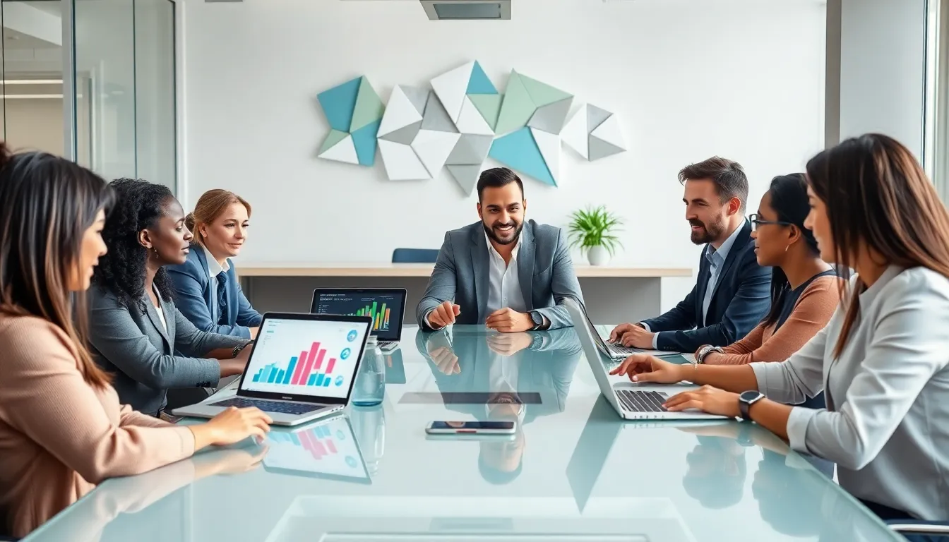diverse team discussing SaaS solutions in a modern office.