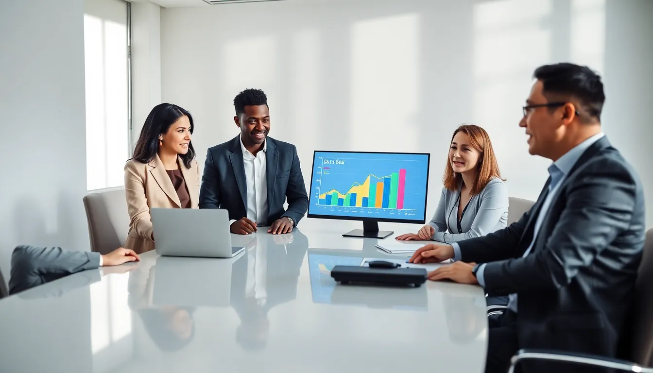 Diverse team collaborating on SaaS business model in a modern office.