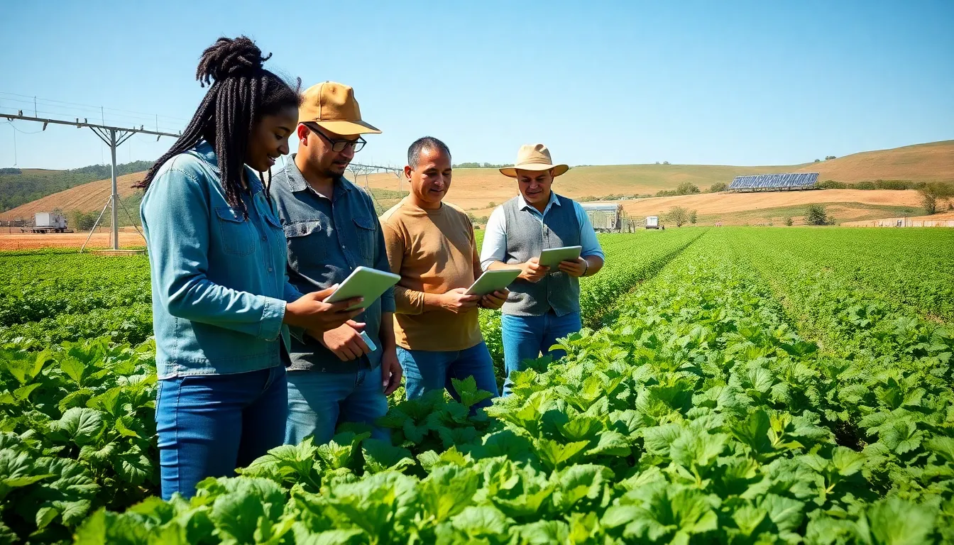 farmers collaborating on sustainable agriculture in a green field.