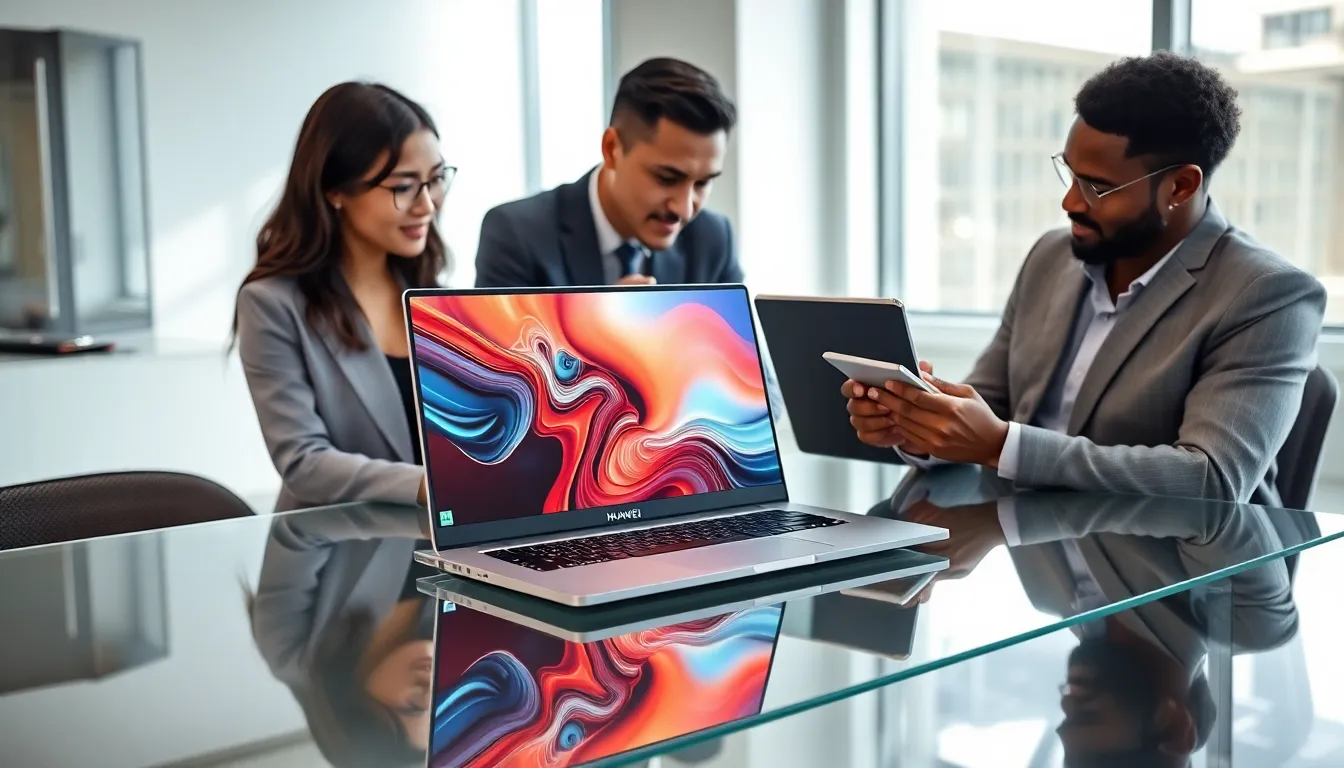 professionals discussing over a Huawei laptop in a modern office.