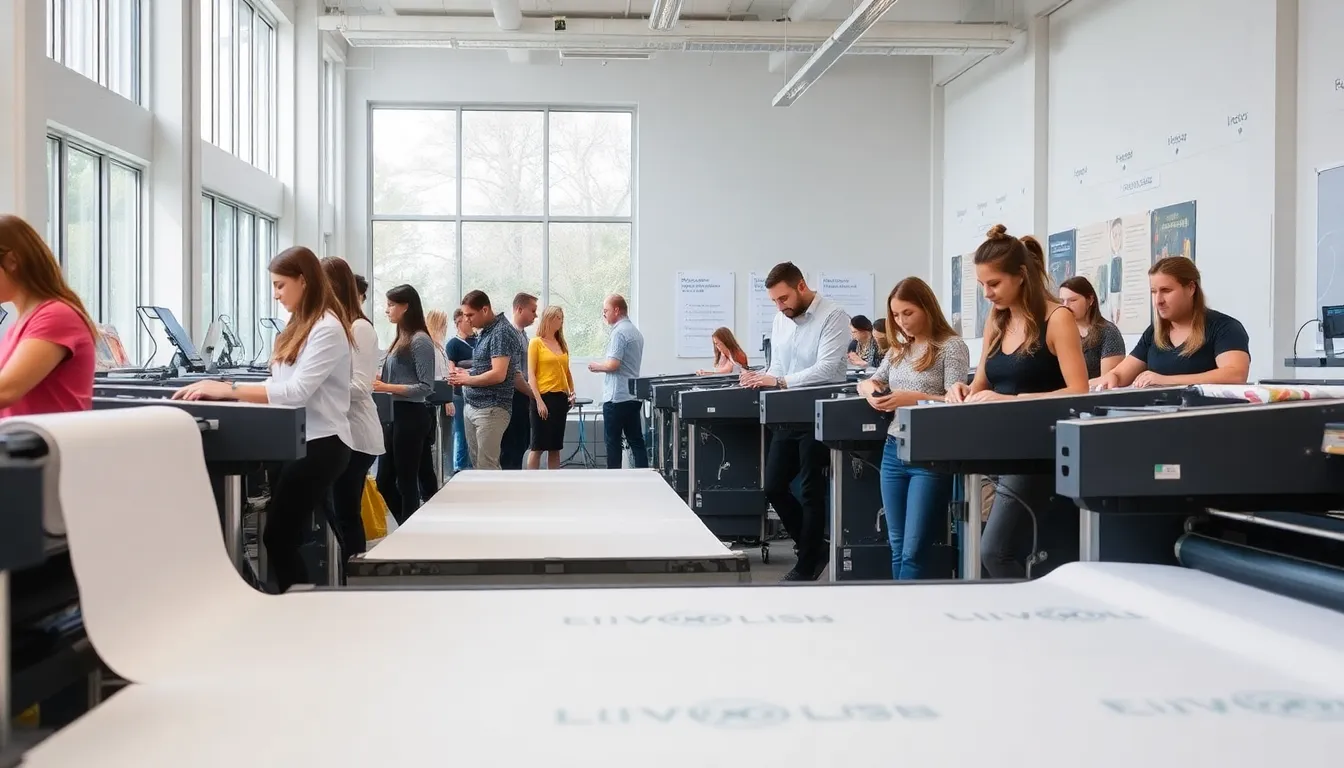 diverse team in a sustainable fabric printing workshop.