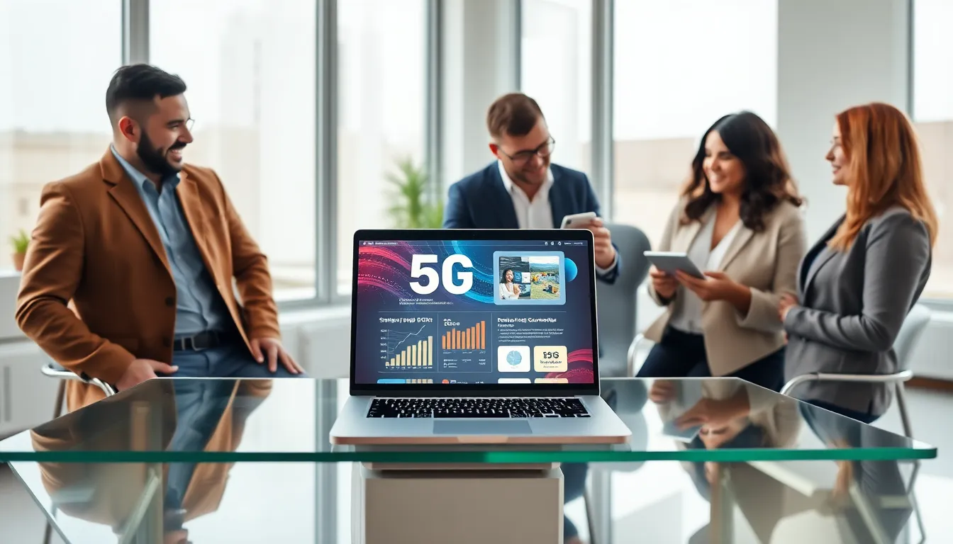 modern 5G laptop in a bright office with diverse professionals.