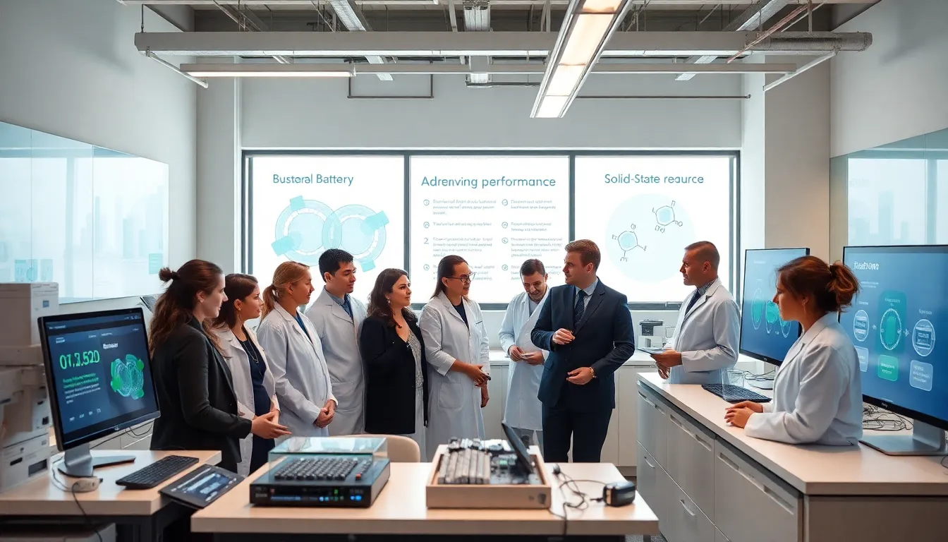 diverse team developing sustainable battery technology in a modern lab.