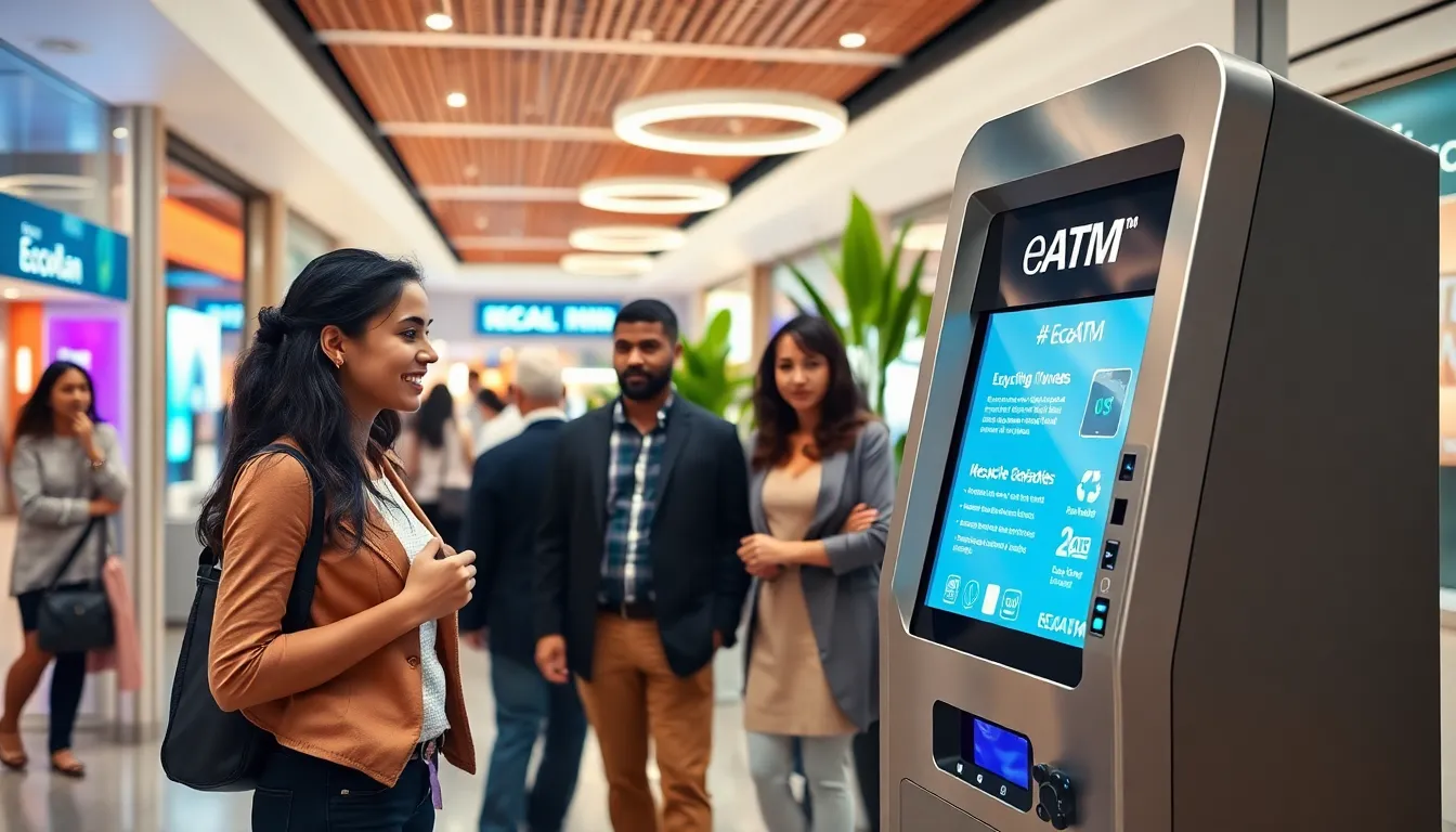 diverse group using an EcoATM kiosk in a shopping mall.