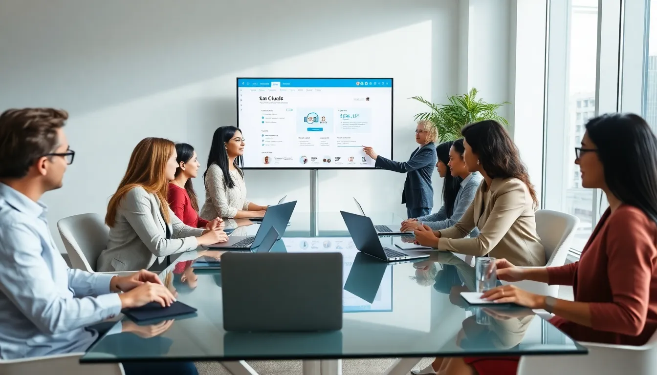 diverse professionals discussing SaaS solutions in a modern office.