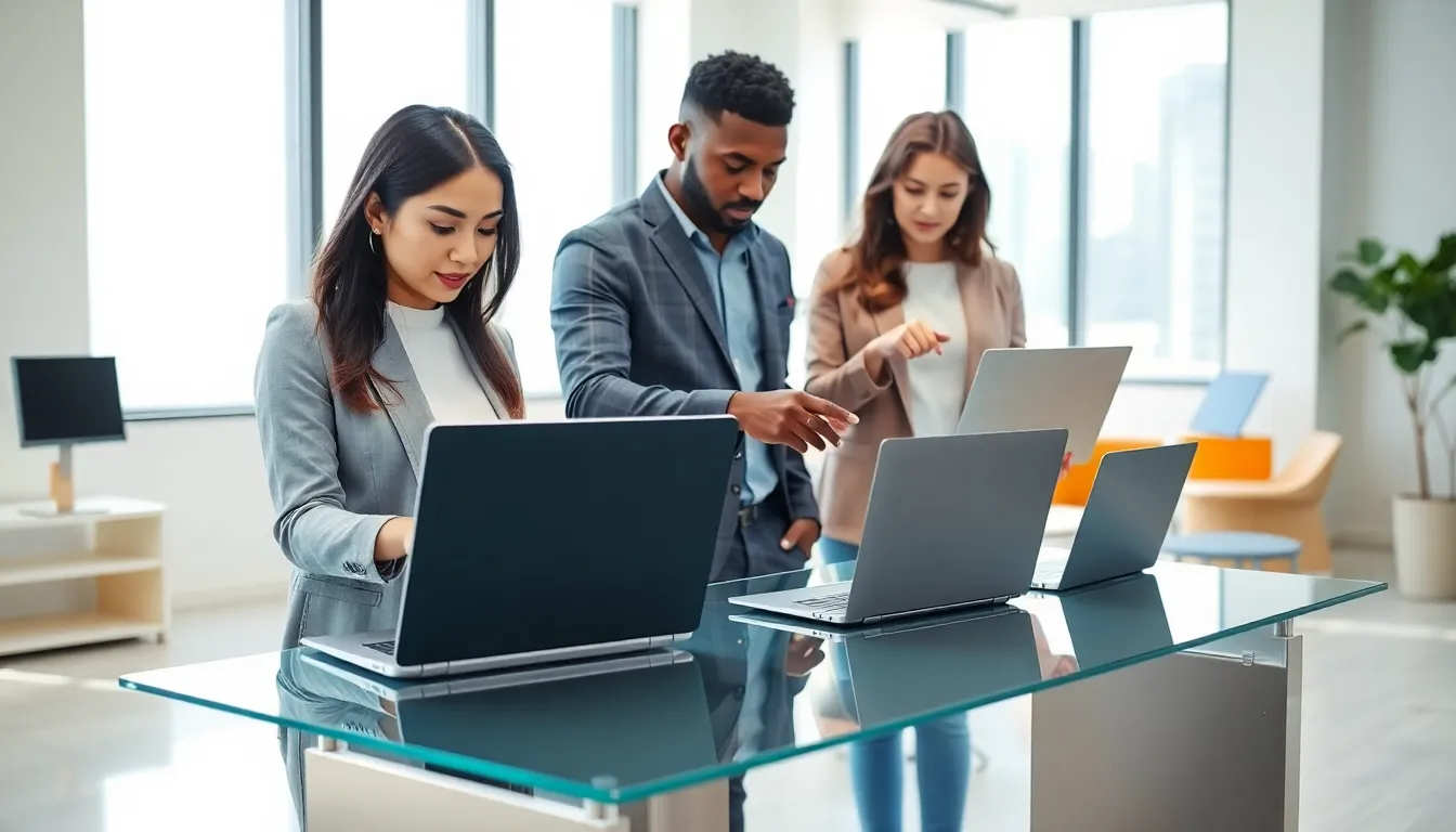 diverse team assessing used laptops in a modern office.
