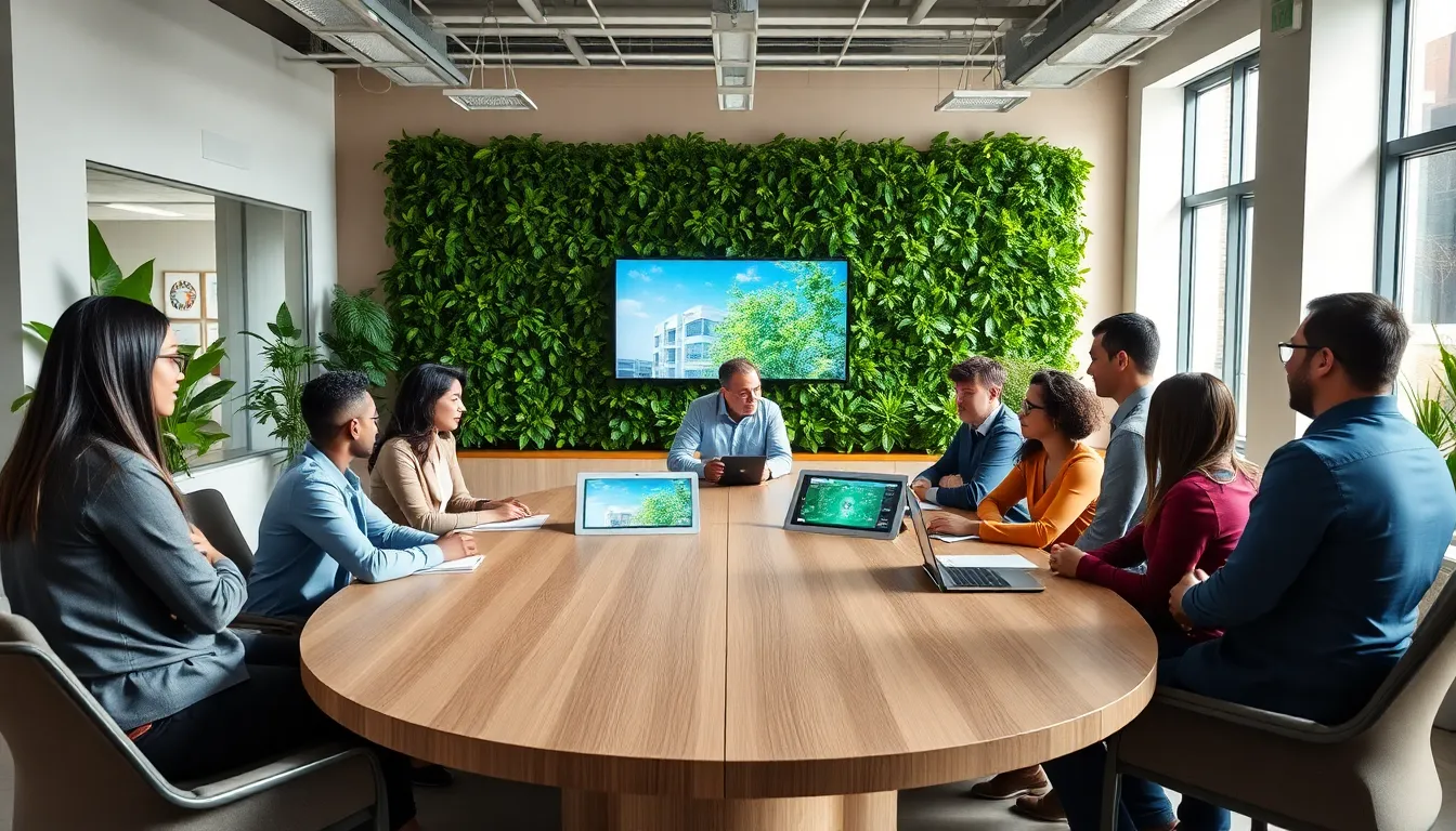 diverse team discussing sustainable technology solutions in a modern office.