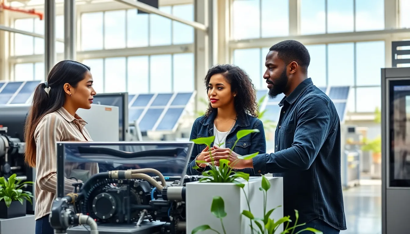diverse team discussing sustainable manufacturing technology in a modern facility.