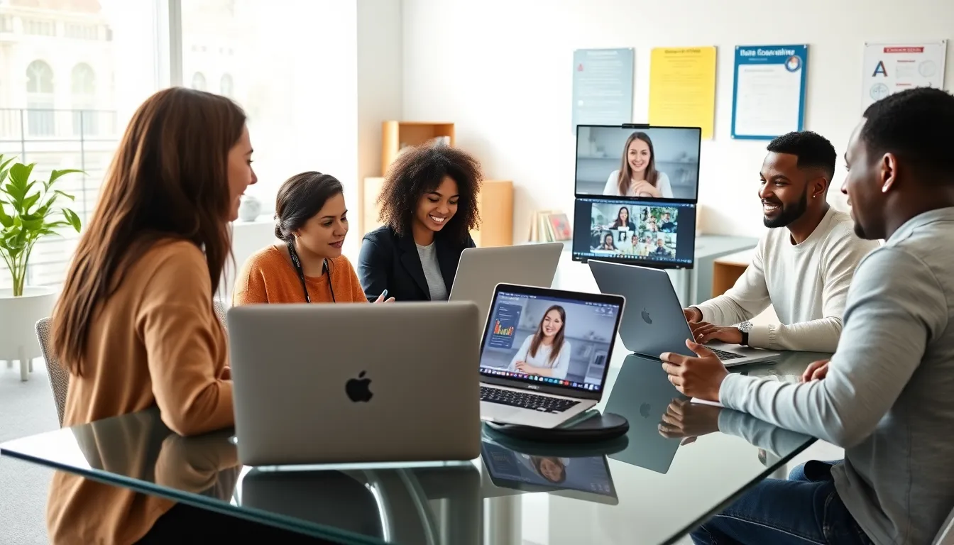 Students in a bright study space participating in an online class.