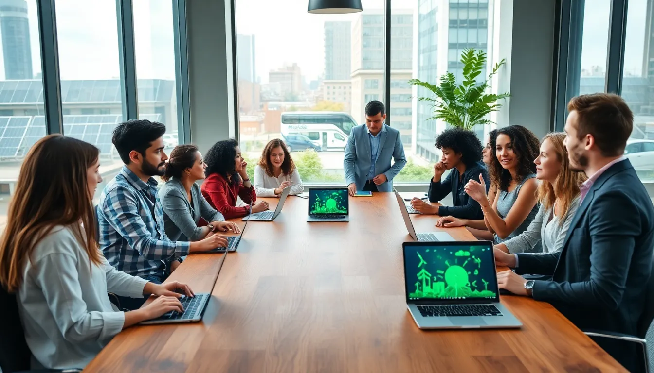 diverse team collaborating on sustainable technology solutions in an office.