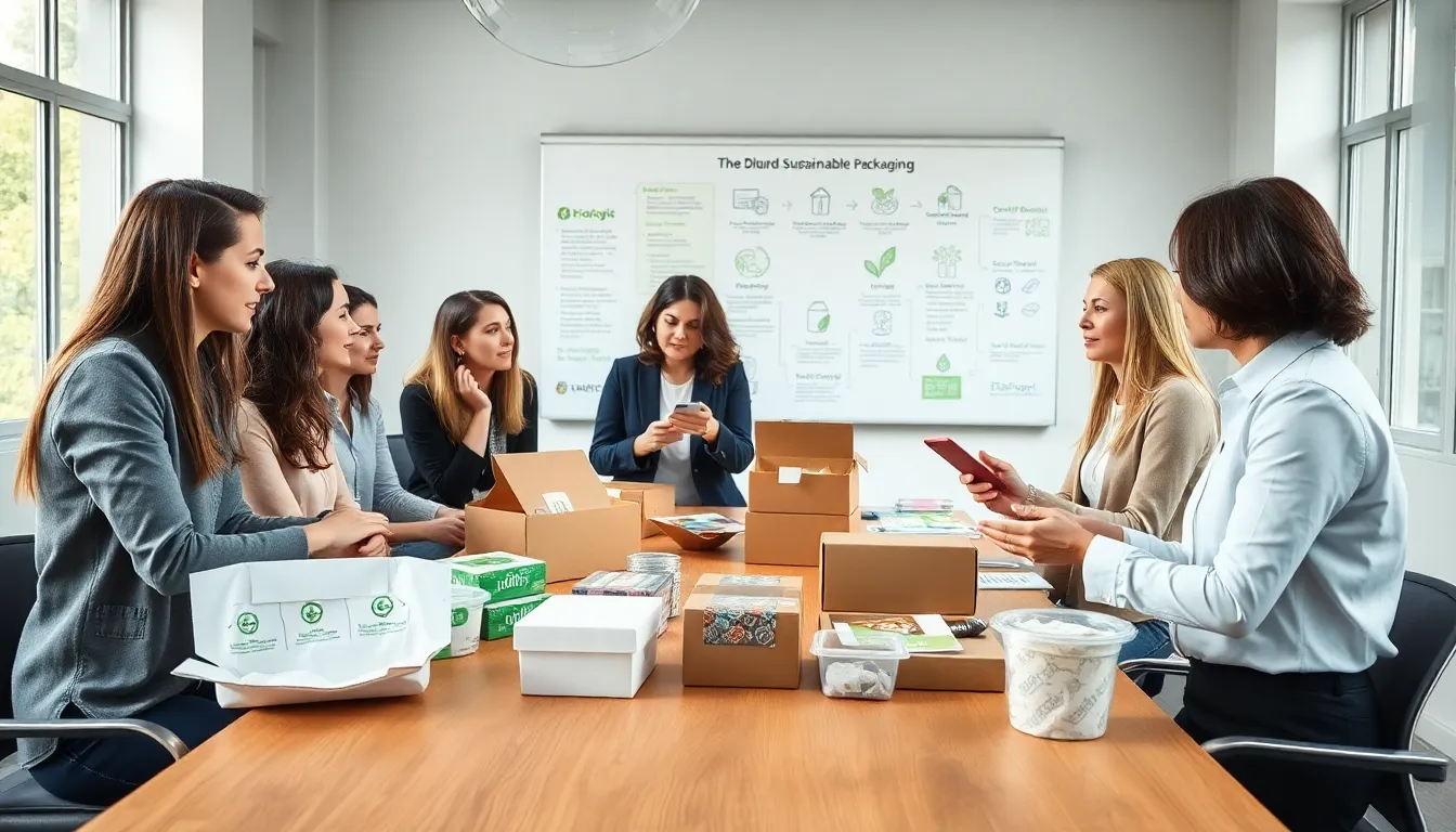 diverse team discussing sustainable packaging materials in a modern office.