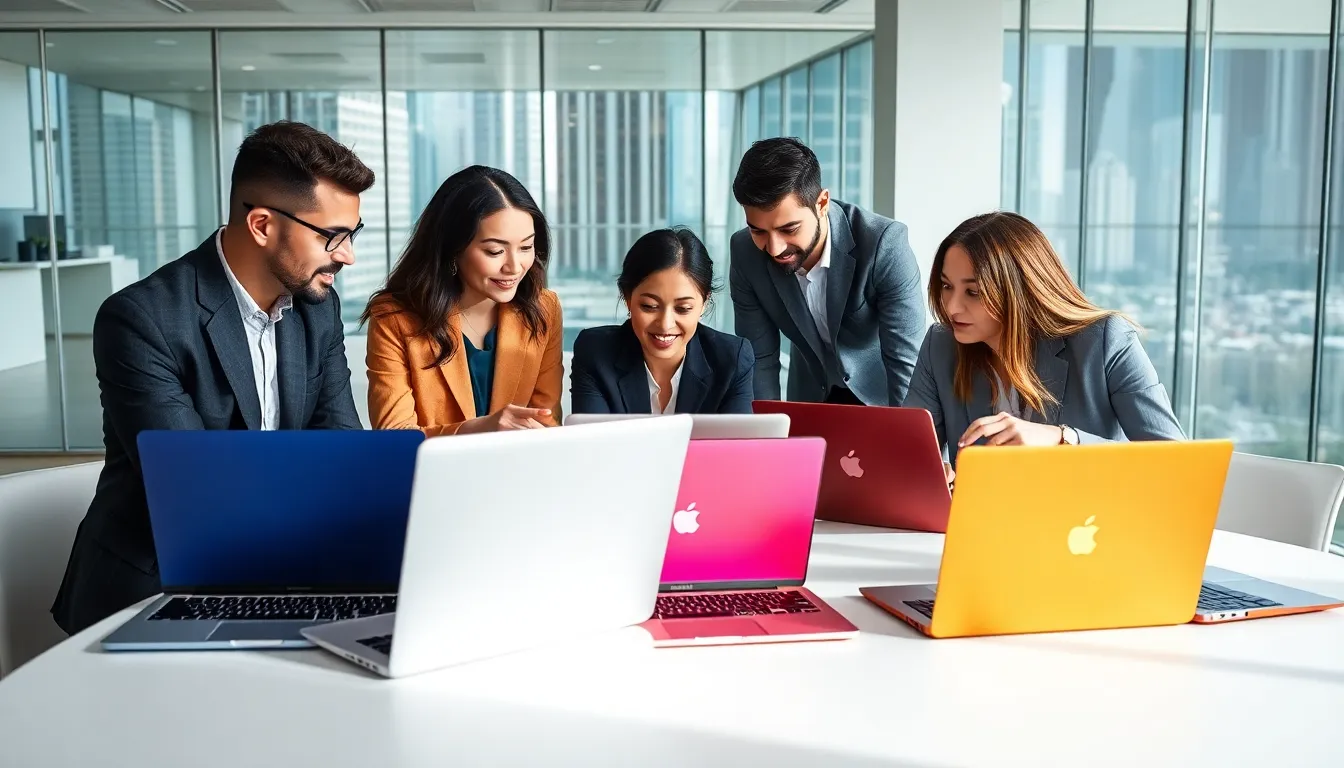 diverse professionals collaborating around customizable laptops in a modern office.