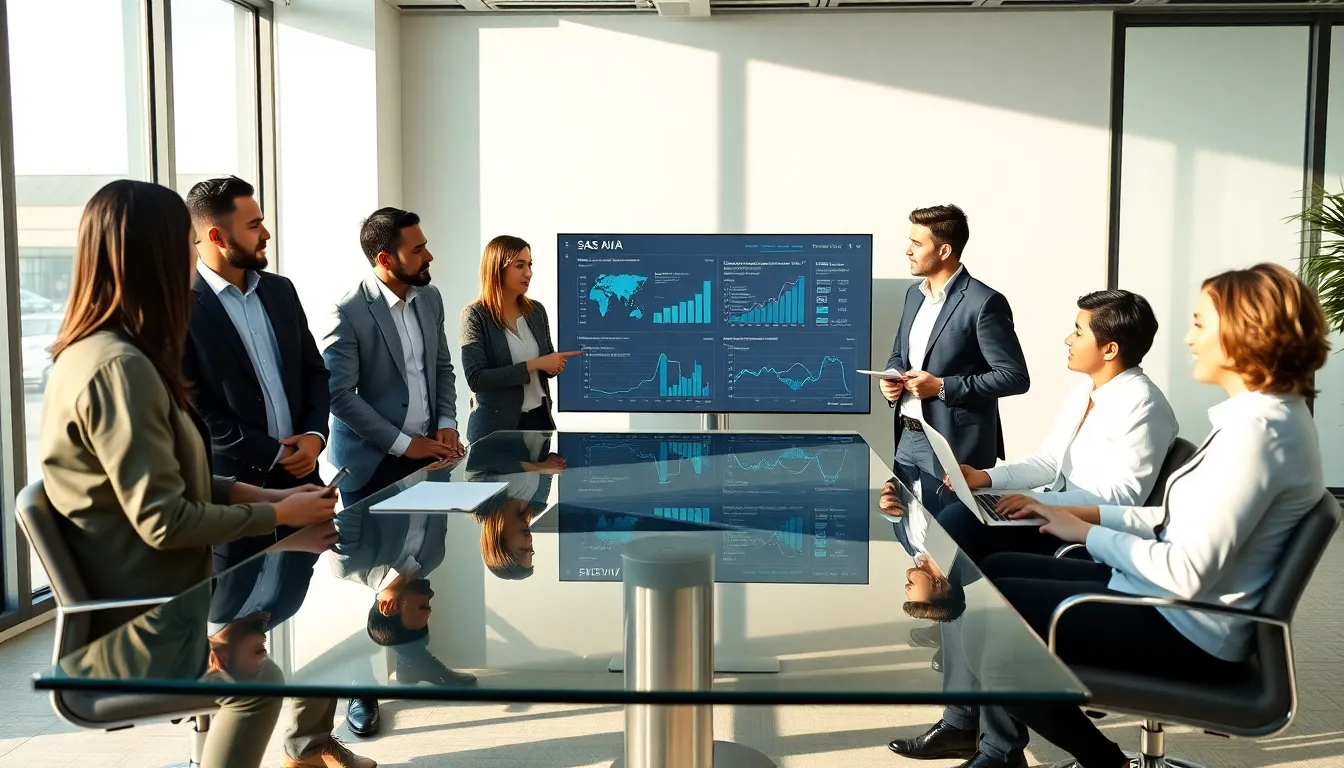 diverse team discussing SaaS AI solutions in a modern office.