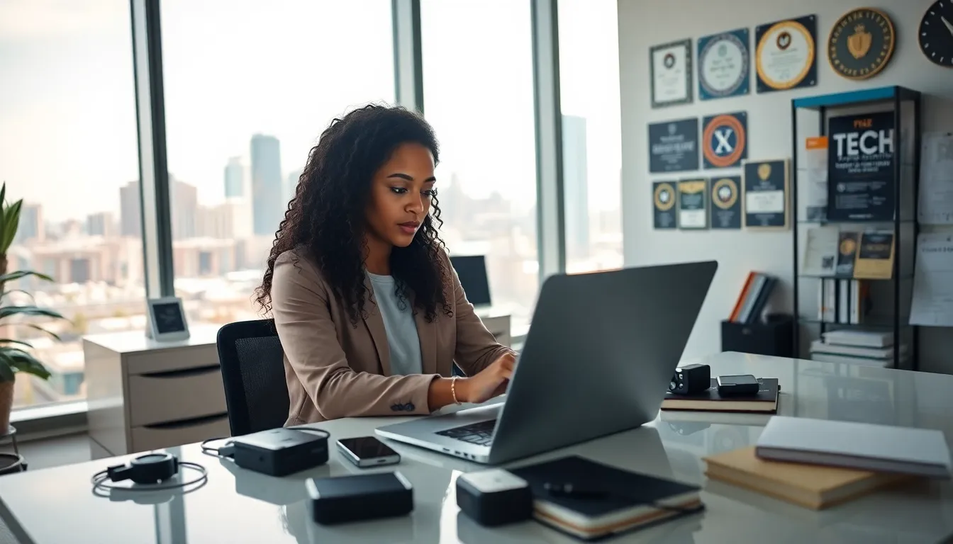 Rebecca Applewhite at her desk, coding in a modern office with a city view.