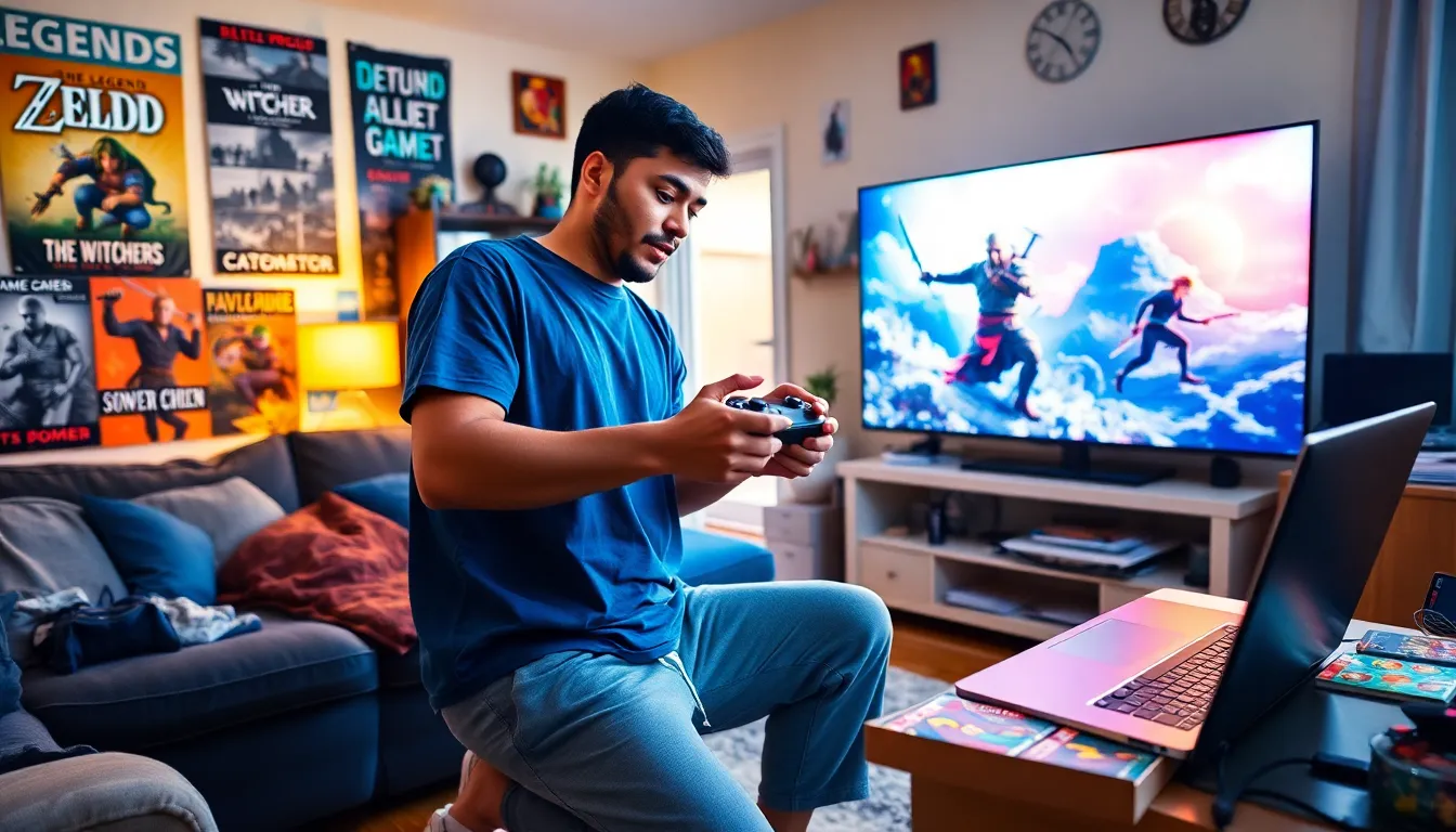 a young man gaming in a cozy American living room, surrounded by game posters.
