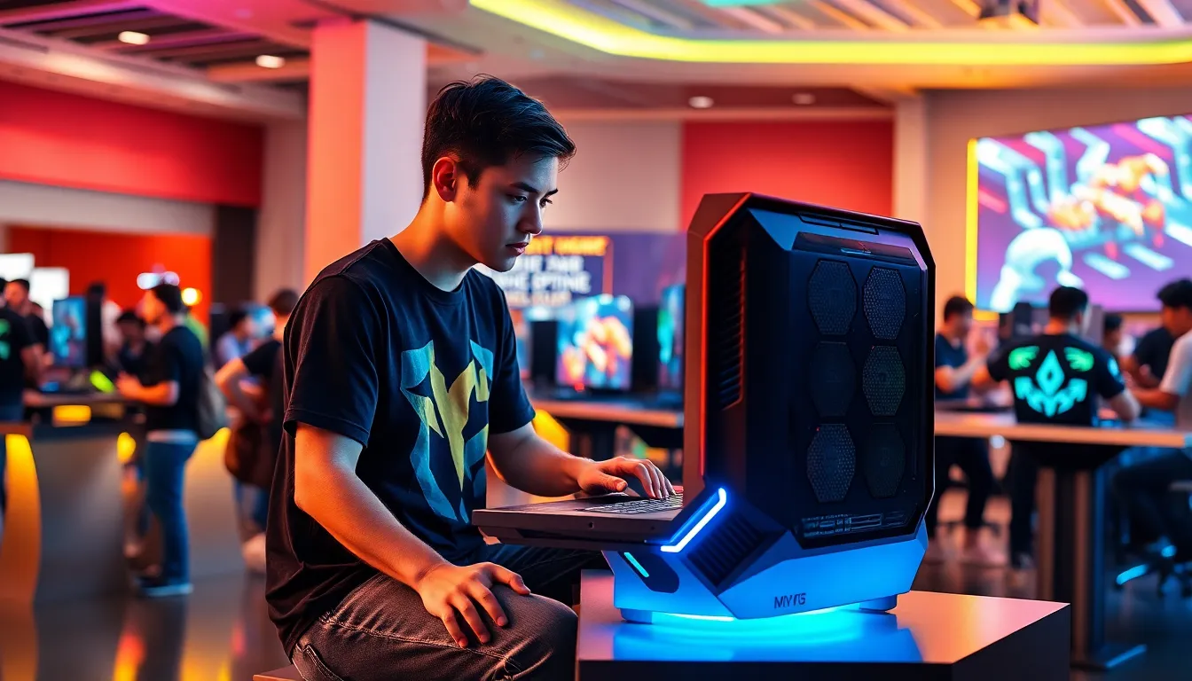 A gamer focused on a portable gaming PC at an event.