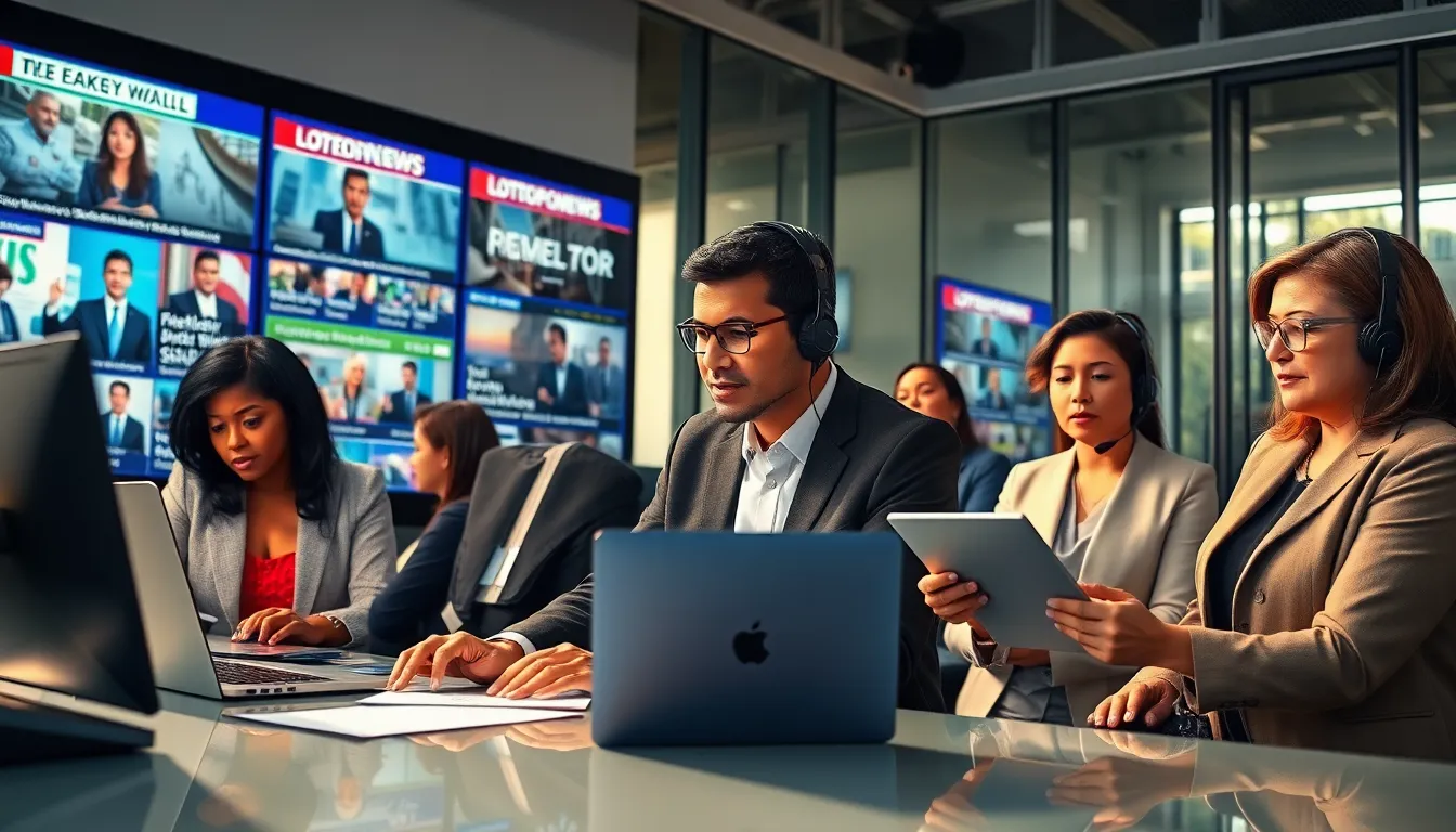 journalists working in a modern newsroom with screens displaying news updates.